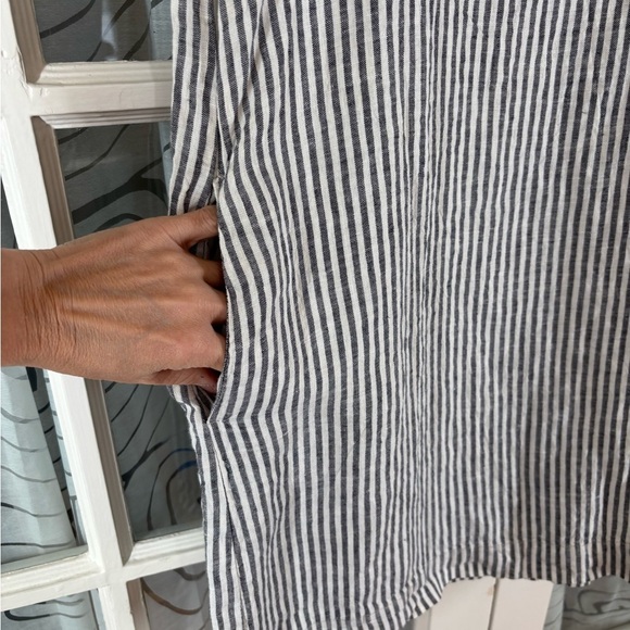 Len Ok S Black White Linen Striped tunic short sleeve summer Dress with pockets - Picture 3 of 6